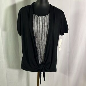 NWT Elementz Black & Gray Metallic Knit Tie Front 2-Fer Layered Top
